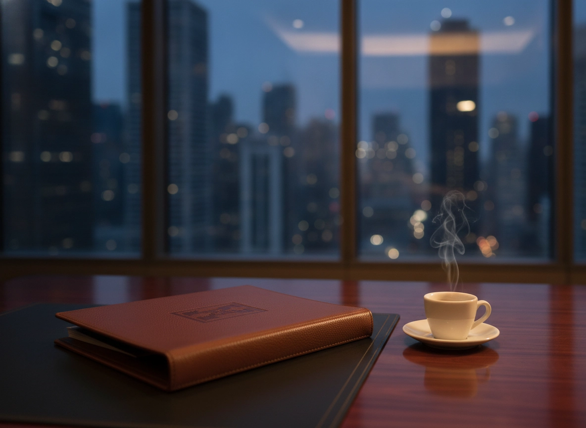 A leather folder and coffee on a desk, representing professional legal advice in Delhi.