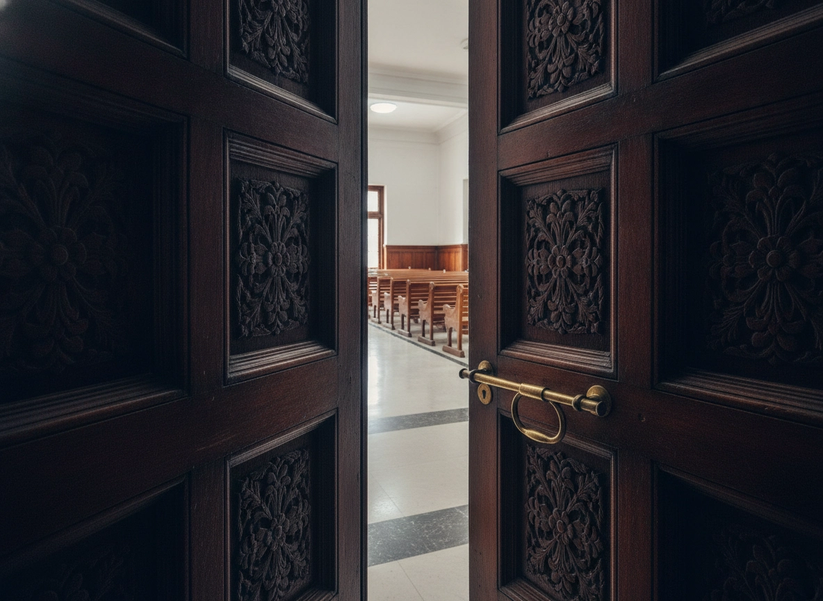 Open wooden doors to a courtroom, essential for Delhi High Court civil lawyer services.