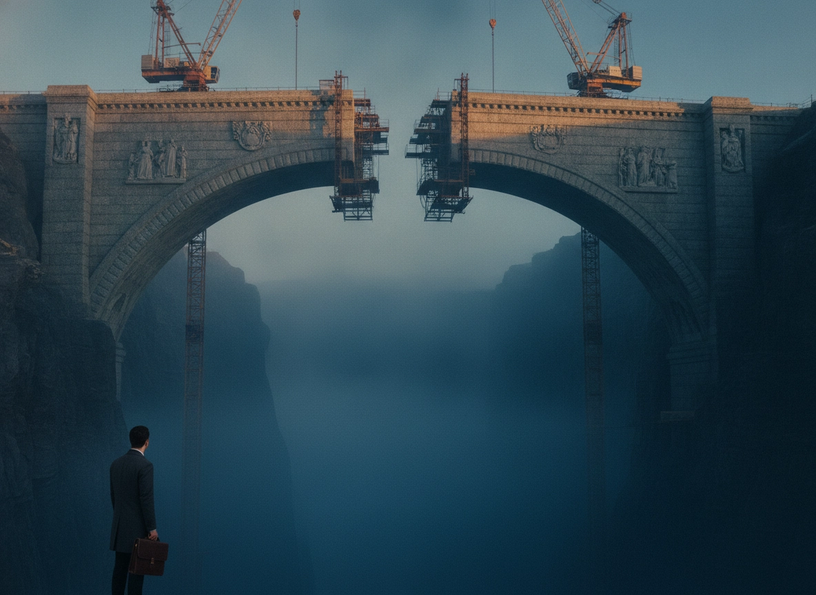 A lawyer looks at an unfinished bridge, highlighting the need for expert AOR Supreme Court legal representation.
