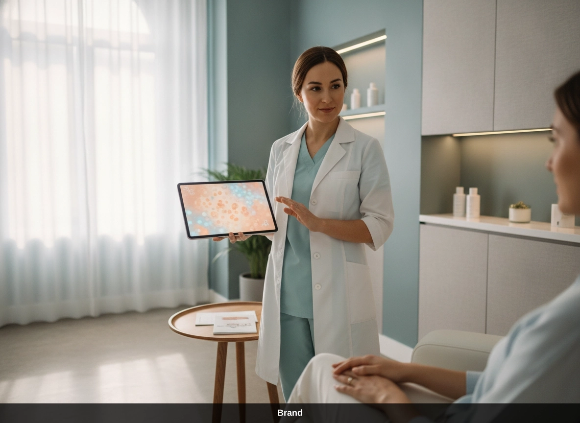 Kosmetikerin erklärt Microneedling Nachsorge Tipps und den Heilungsprozess der Haut am Tablet.