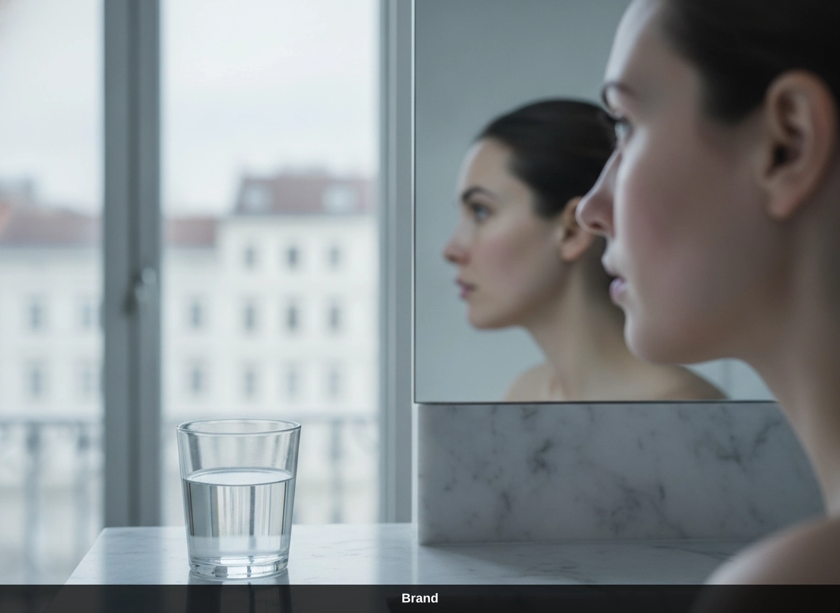 Frau vor dem Spiegel in Wien, die sich über Microneedling Erfahrungen und Hautregeneration informiert.