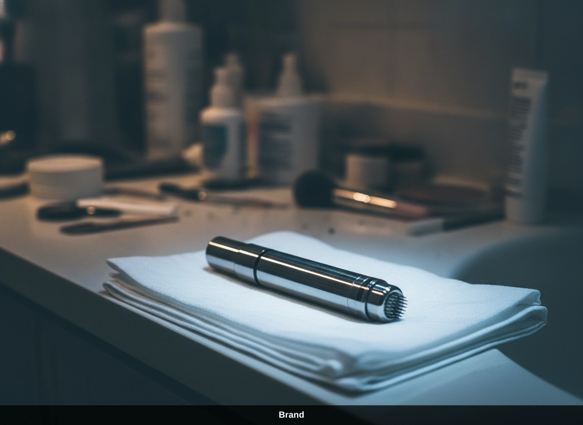 Microneedling-Pen auf einem Tuch für die professionelle Hautregeneration im Gesicht.