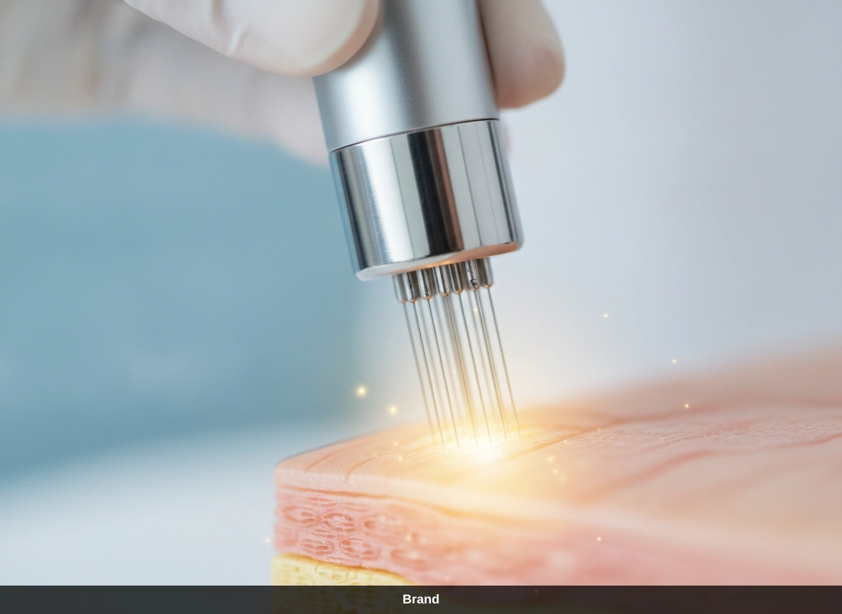 Microneedling-Gerät bei der ästhetischen Hautbehandlung zur Anregung der Hautregeneration und Kollagenbildung.