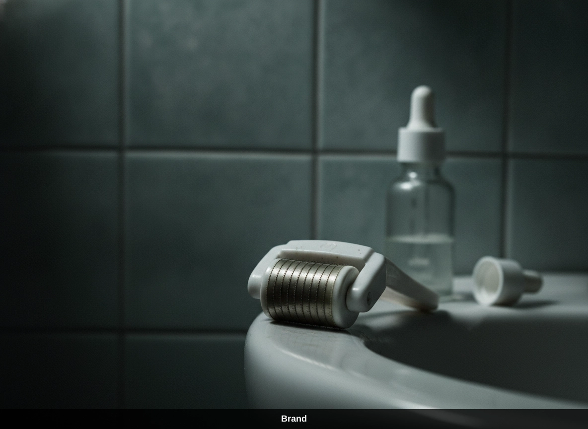 Dermaroller für die Microneedling Wirkung zur Hauterneuerung durch Nadeln im Badezimmer.