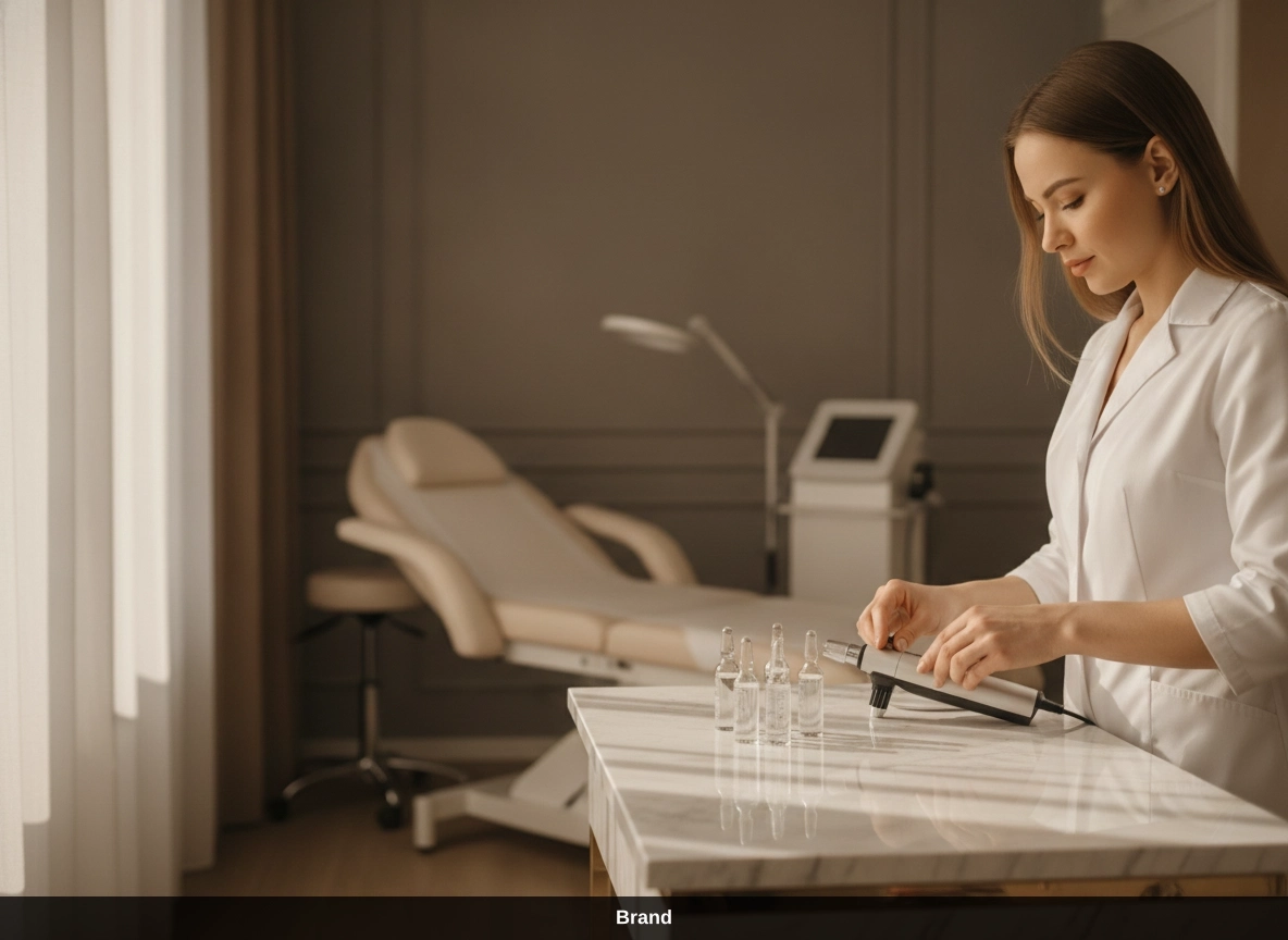 Kosmetik in Wien: Expertin bereitet Microneedling für Hautstraffung und Zellerneuerung vor.