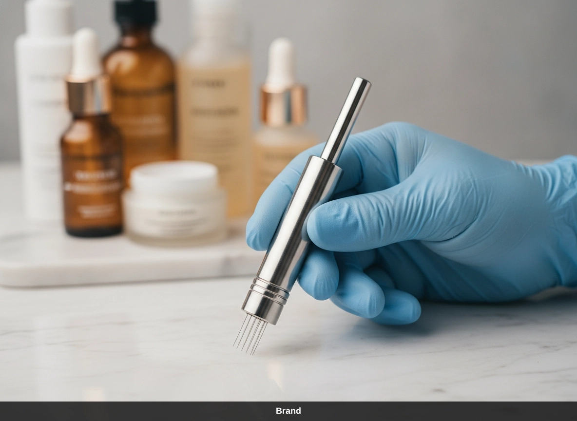 Hand mit Handschuh hält Microneedling-Pen für professionelle Hautstraffung in Wien.