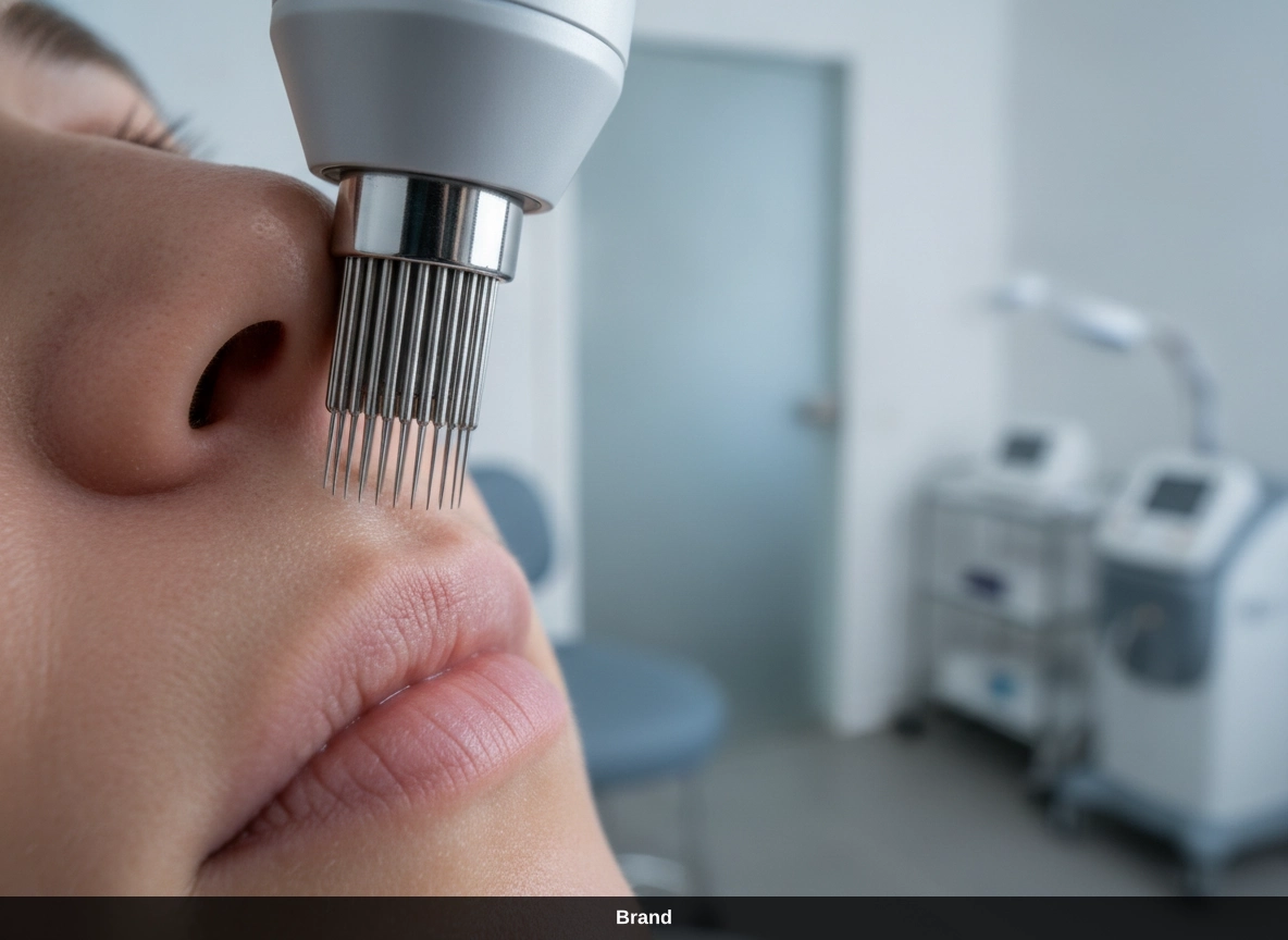 Professionelle Kosmetikbehandlung in Wien: Microneedling zur Porenverkleinerung im Gesicht.