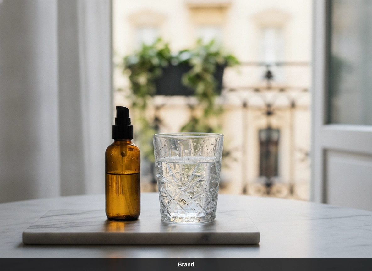 Pflegeprodukt und Wasserglas für die Hautberuhigung nach Microneedling.