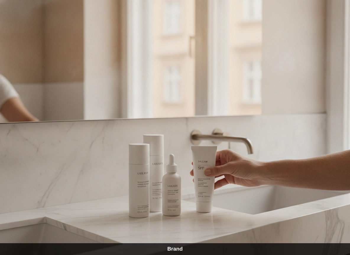 Hautpflegeprodukte für den Sonnenschutz nach Microneedling in einem Badezimmer in Wien.