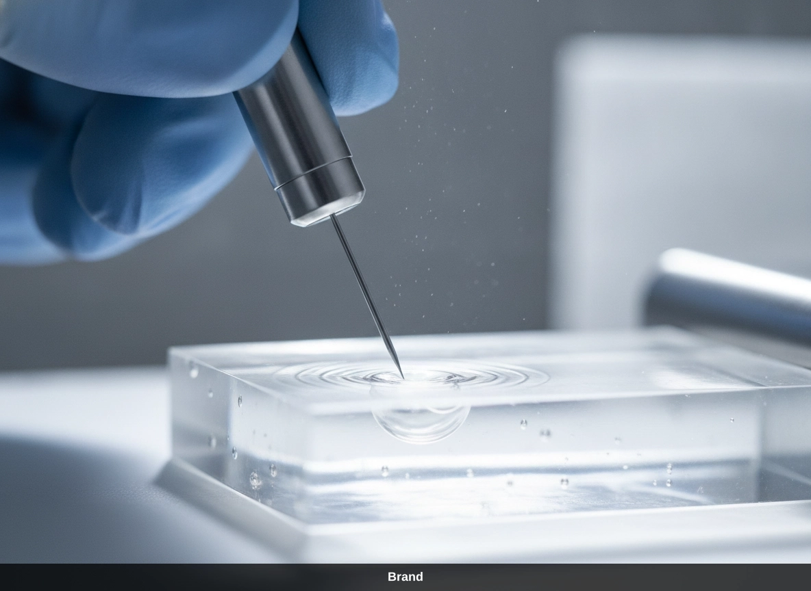 Ein Microneedling-Gerät dringt in ein Gel ein, um den Kollagenaufbau im Gesicht zu simulieren.