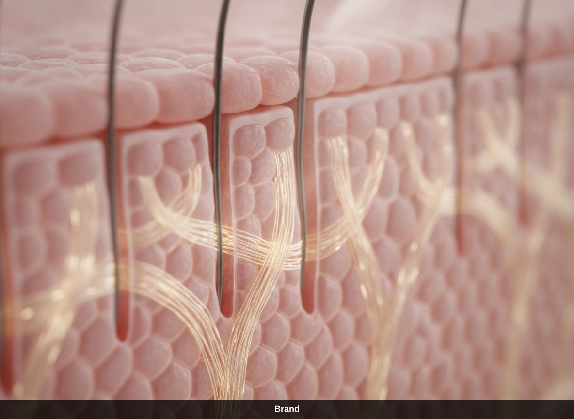 3D-Grafik zeigt den Kollagenaufbau im Gesicht durch kosmetisches Needling der Hautschichten.