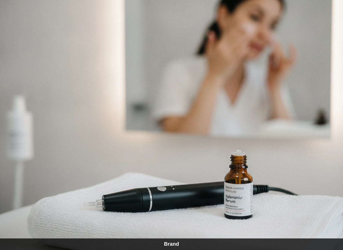 Microneedling Behandlung Wien: Profi-Equipment und Serum für effektiven Kollagenaufbau im Gesicht.