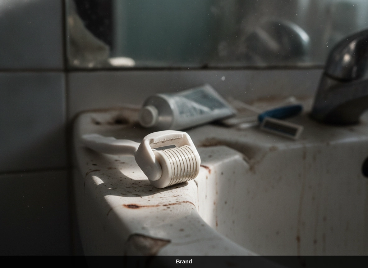 Risiken beim Aknenarben behandeln: Ein unhygienischer Dermaroller auf einem schmutzigen Becken.