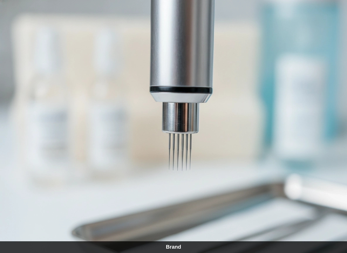 Nahaufnahme Microneedling-Pen, um Kollagenproduktion anzuregen und Poren zu verfeinern.