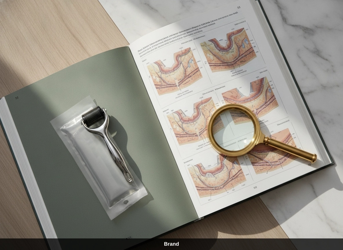 Dermaroller und Lupe auf Anatomiebuch zur Sicherheit bei Microneedling und um Narbenbildung zu verhindern.