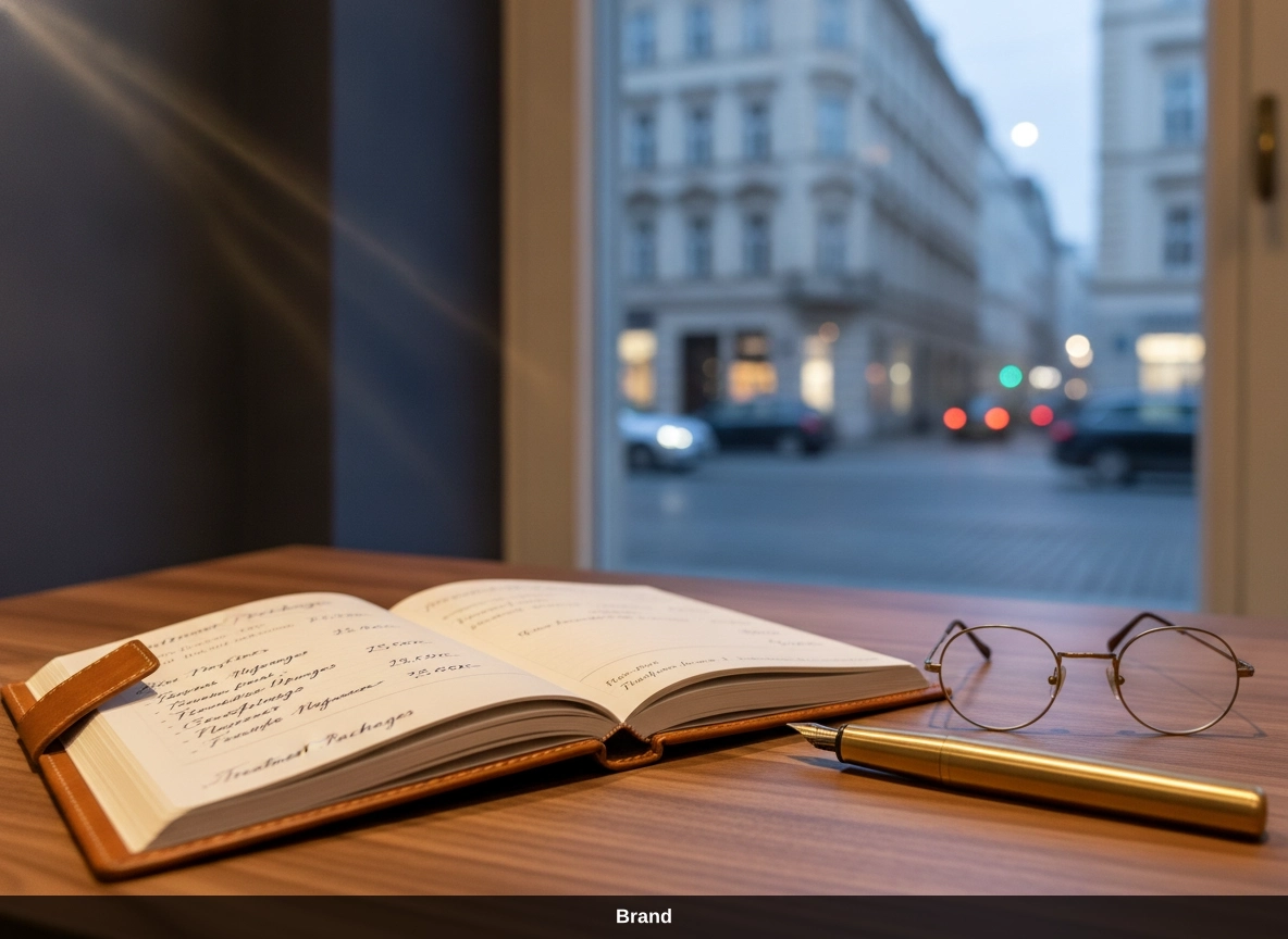 Microneedling Wien Erfahrungen im Notizbuch neben Brille vor Wiener Stadtblick.