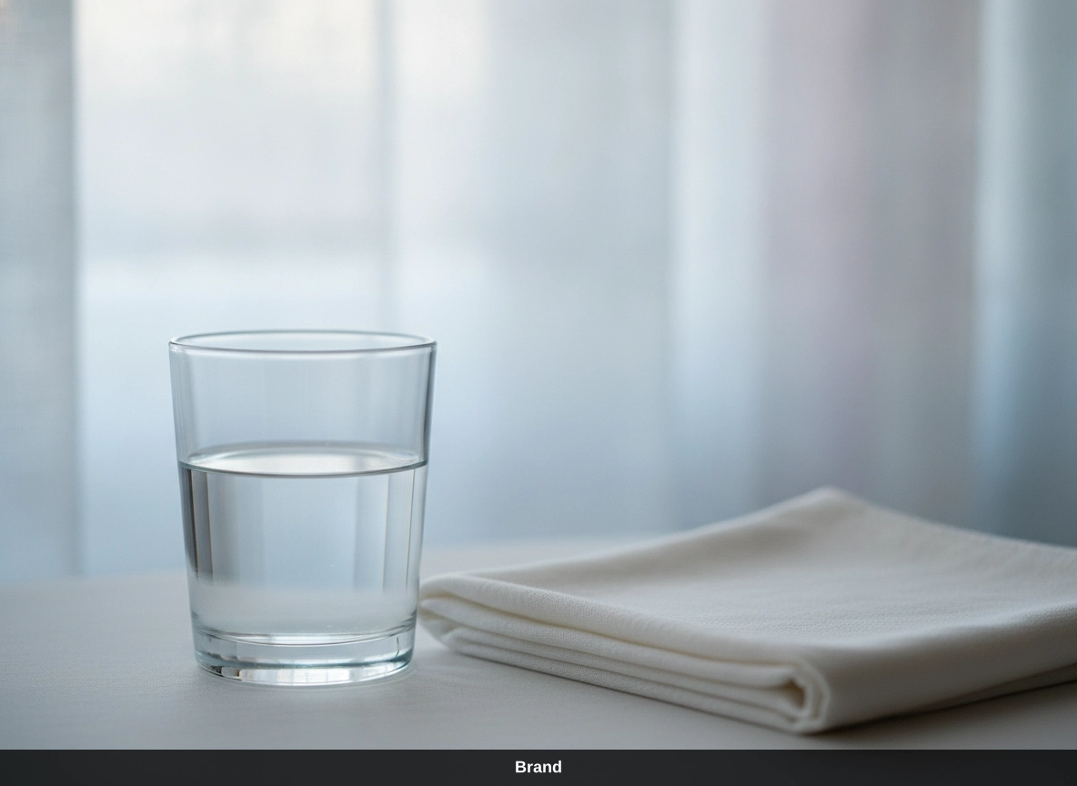 Glas Wasser und Tuch zur Microneedling Nachsorge für die Heilungsphase der Haut.