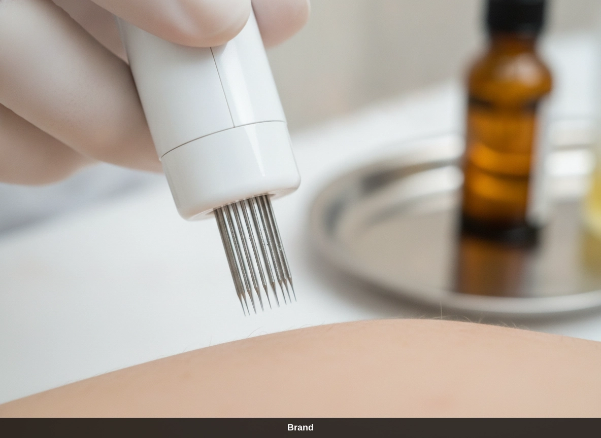 Kosmetisches Needling mit einem Needling-Pen zur Faltenbehandlung und um die Hautstruktur zu verbessern.