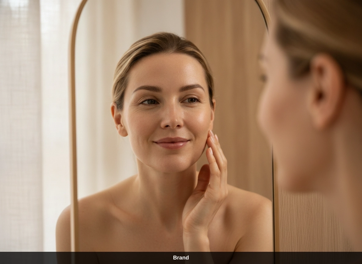 Frau betrachtet Microneedling Ergebnisse im Spiegel für Poren verfeinern und Hautregeneration.