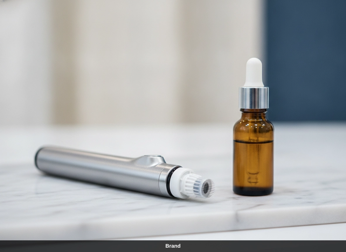 Microneedling Gesicht: Derma Pen und Serum für Poren verfeinern und Hautregeneration.