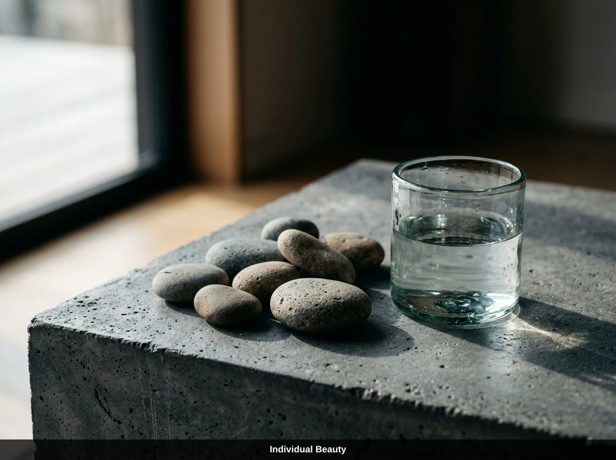 Ein Glas Wasser und Dekosteine auf einem Betonsockel symbolisieren Entspannung bei der Microneedling Behandlung.