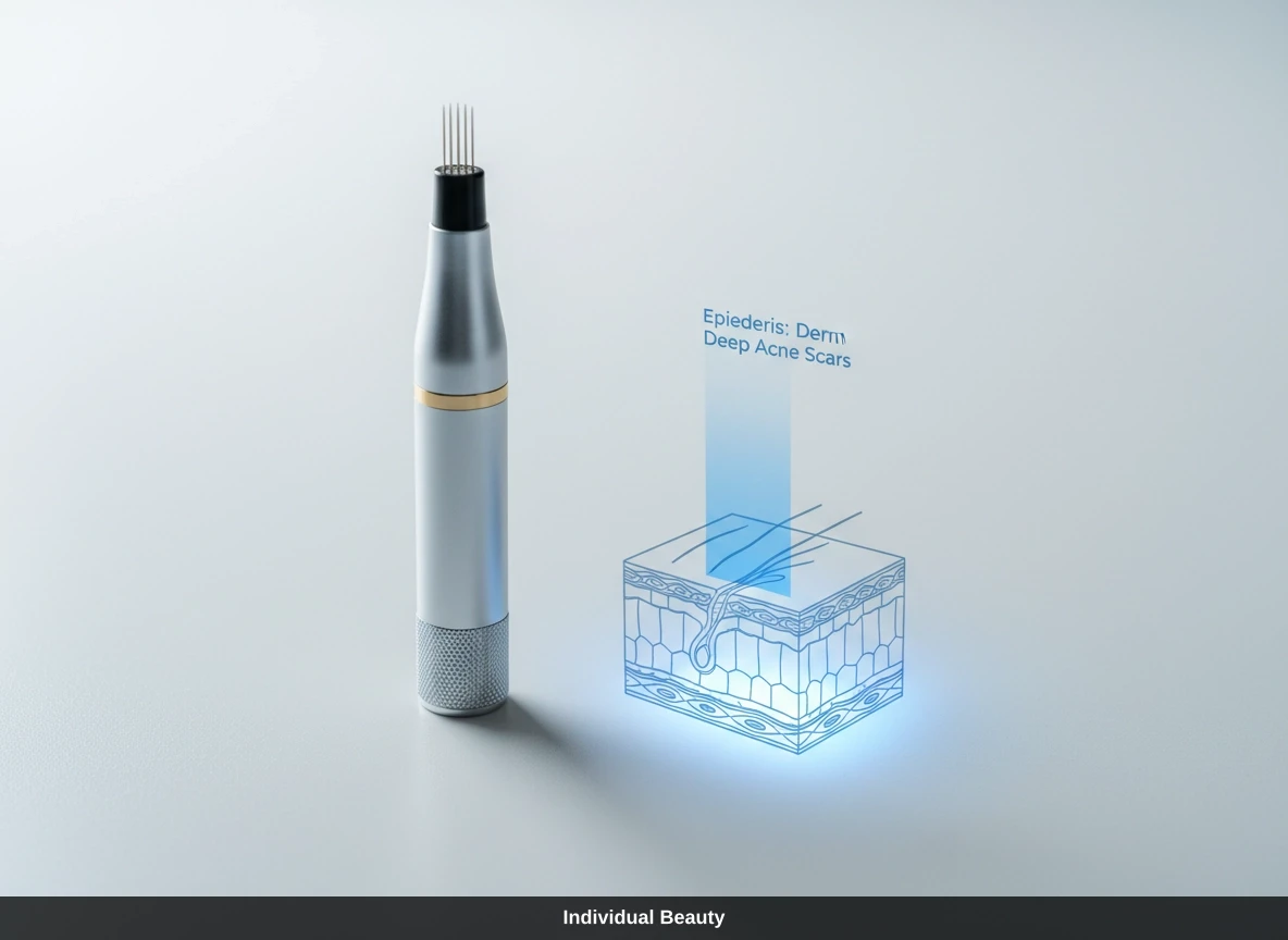 Dermapen mit Nadeln und Hautschicht-Grafik für Microneedling Aknenarben.