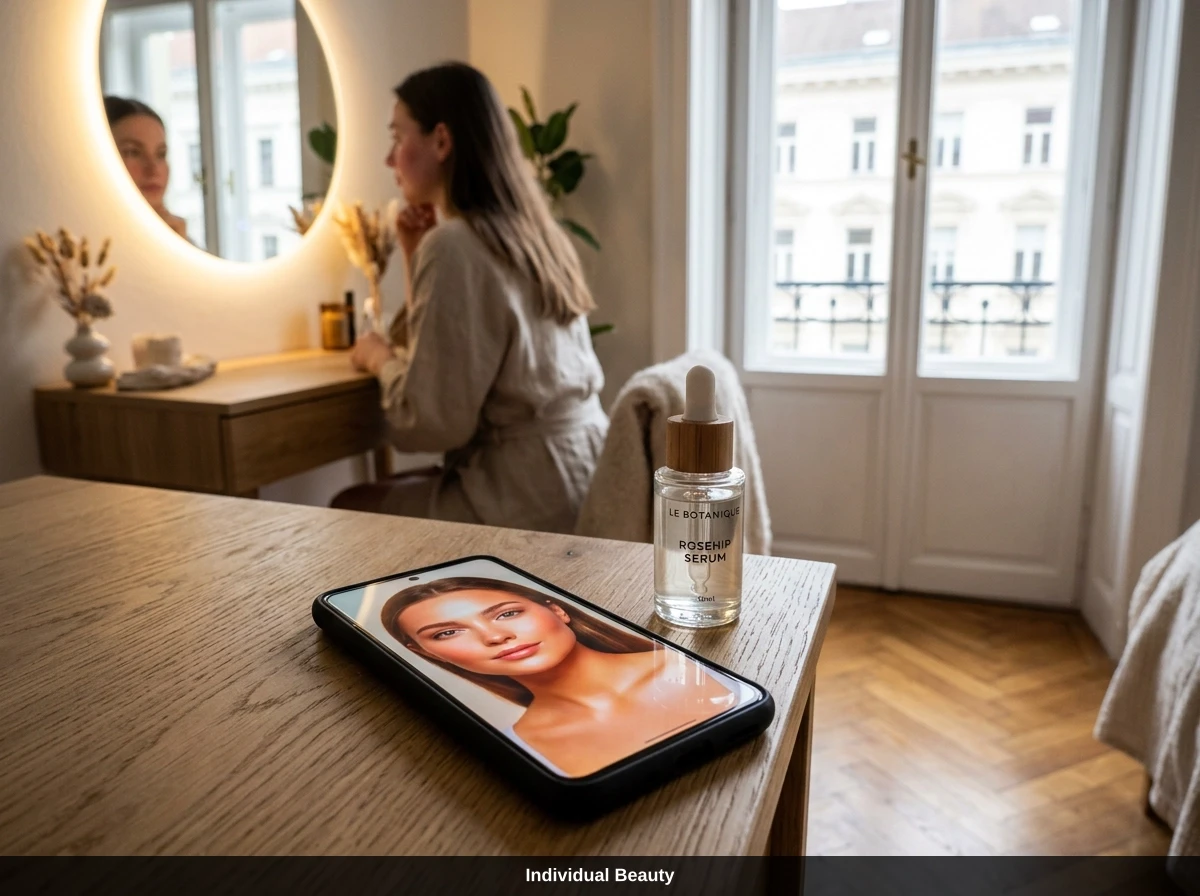 Ein Serum und ein Smartphone mit gefiltertem Frauenporträt auf einem Tisch in einem Kosmetikstudio, kritischer Blick auf rf microneedling wien.