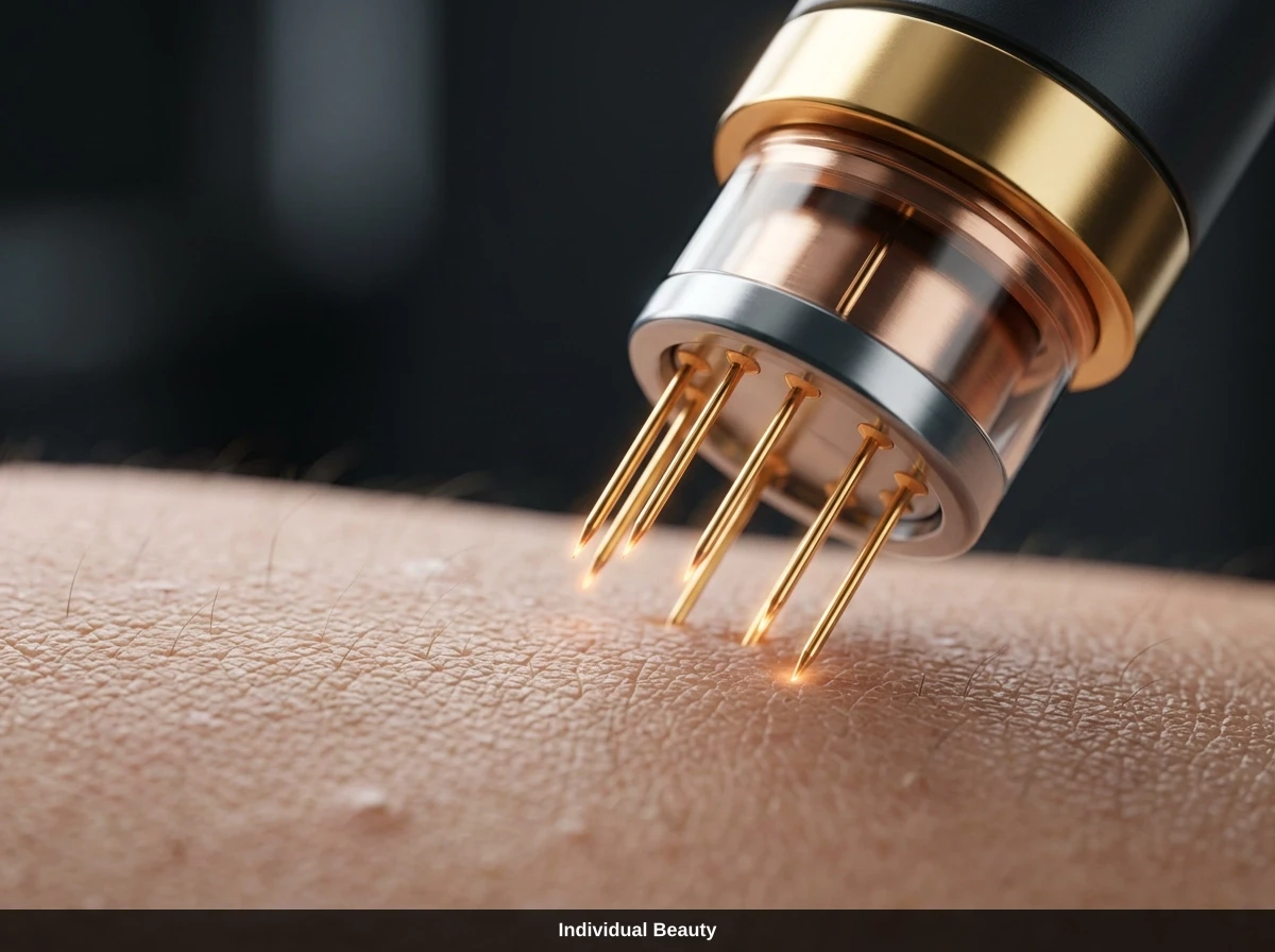 Nahaufnahme eines modernen Geräts für Radiofrequenz Microneedling mit feinen vergoldeten Nadeln bei der Anwendung auf der Haut in Wien.