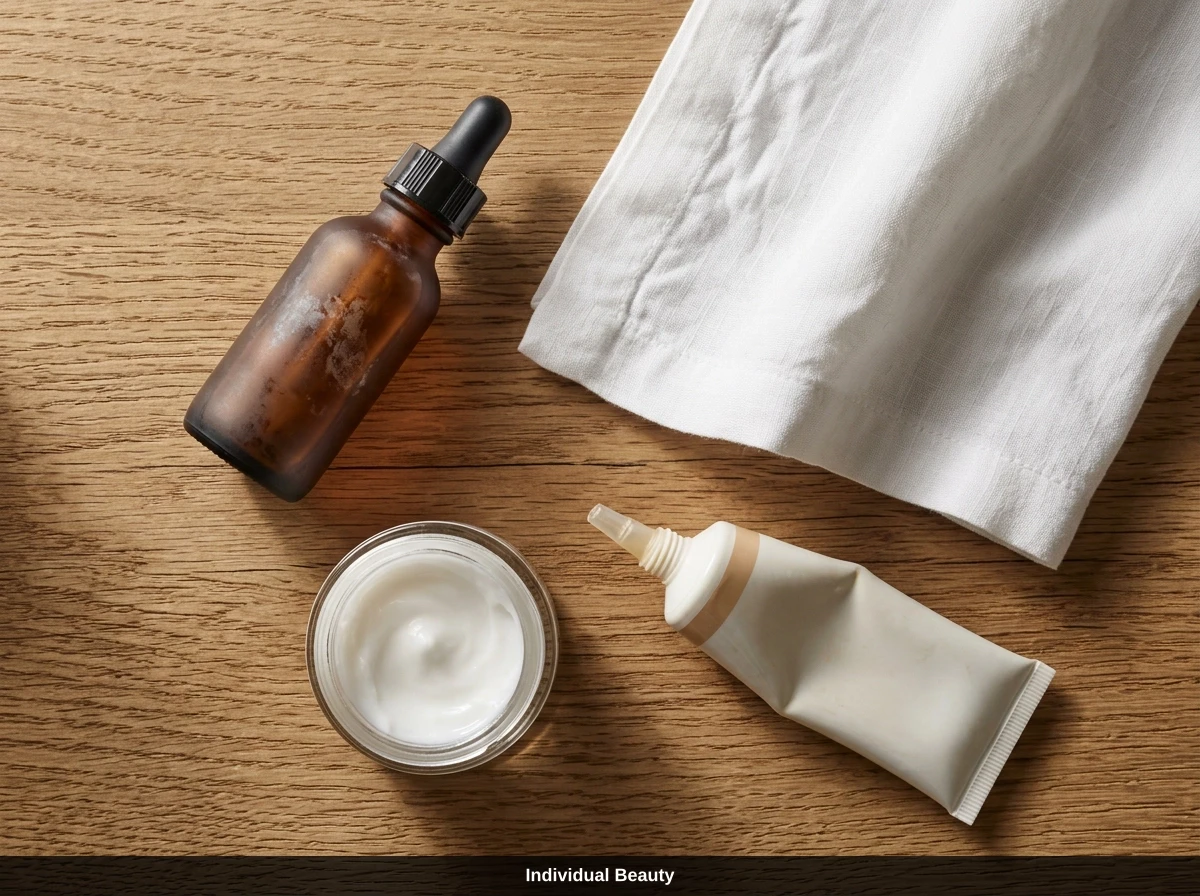Pflegeprodukte wie Serum und Creme auf Holzuntergrund zur Nachsorge nach schlechten Microneedling Erfahrungen.