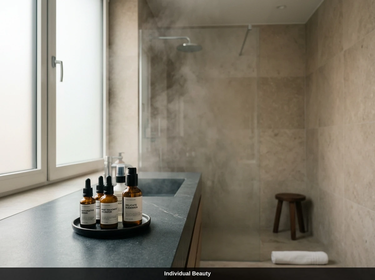 Pflegeprodukte in einem Badezimmer nach einer Dermapen Behandlung Wien für optimale Hautregeneration