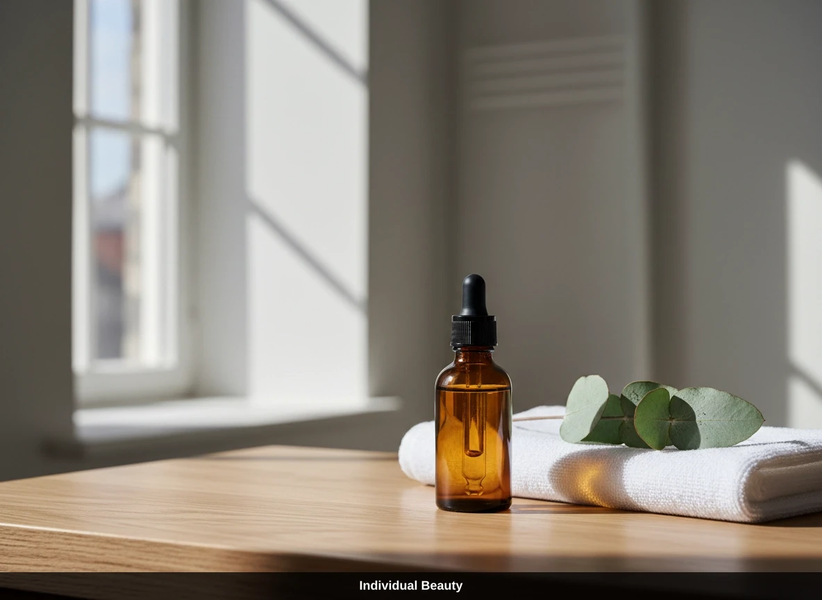 Ein braunes Serumfläschchen mit Pipette und Eukalyptuszweig auf einem Handtuch für das Microneedling Wien