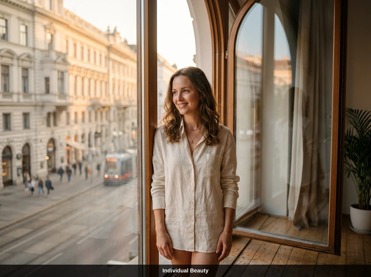 Zufriedene Kundin mit strahlender Haut am Fenster nach einer Dermapen Behandlung in Wien.