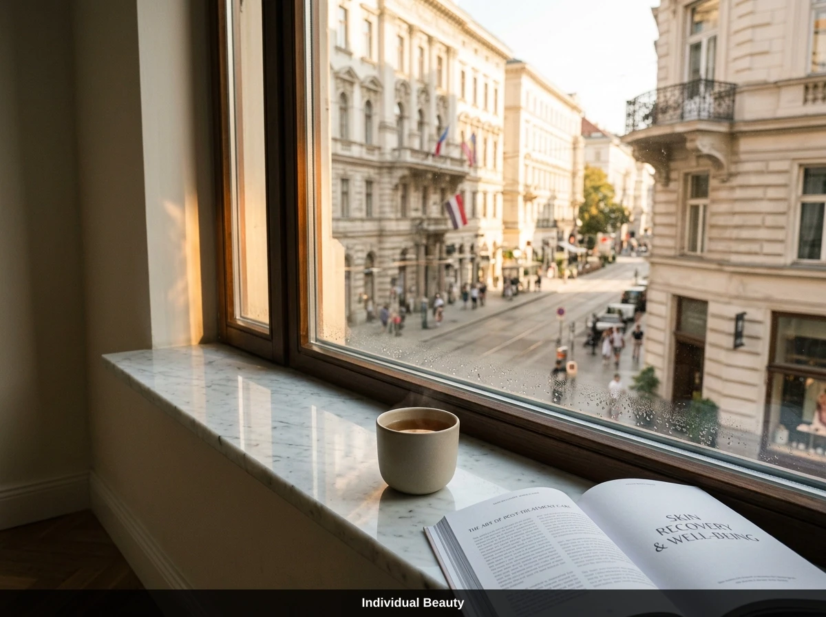 Blick aus dem Fenster in Wien auf eine Straße mit einer Kaffeetasse und Buch zur Hautpflege nach Microneedling.