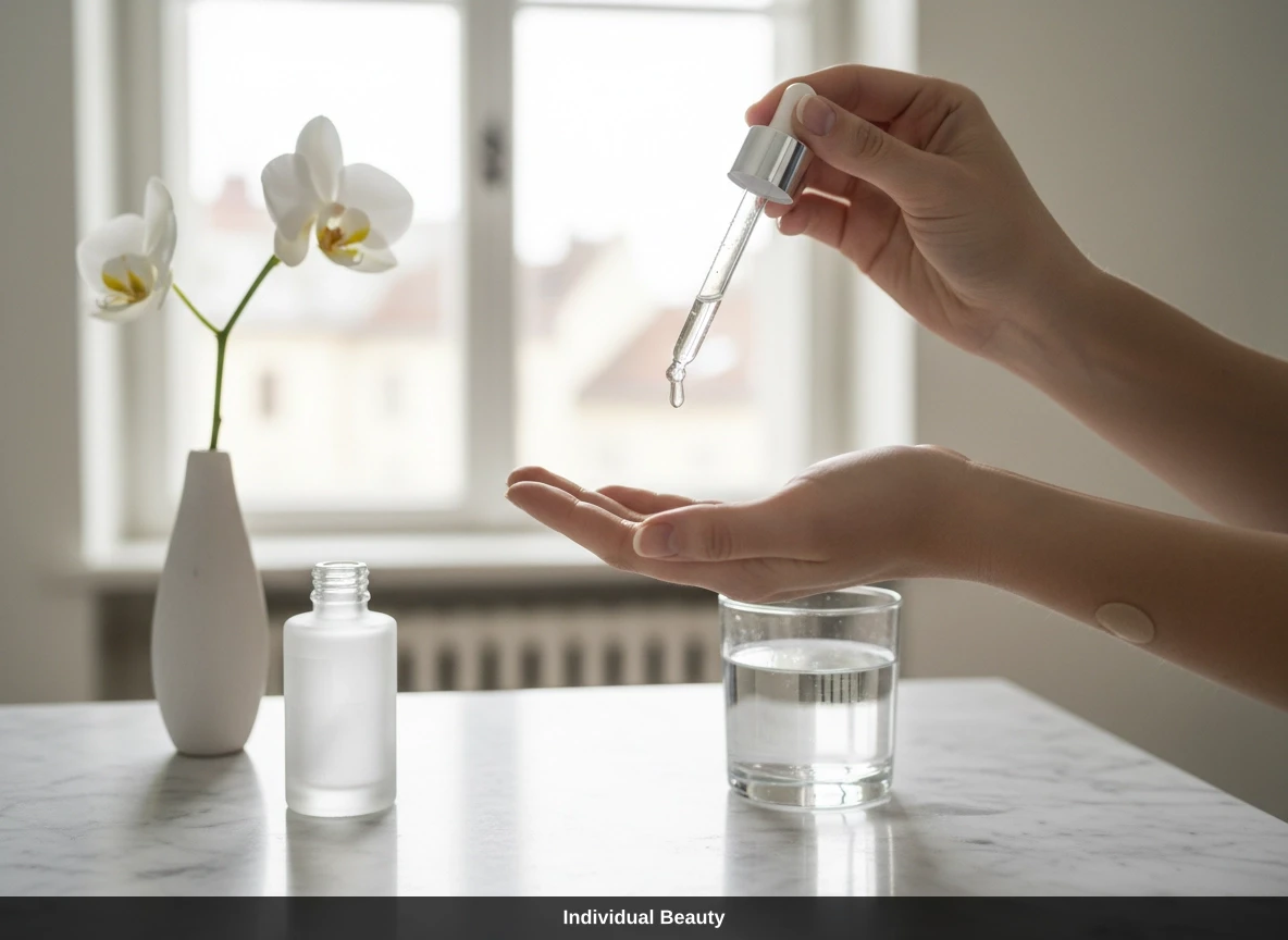 Hände träufeln ein Serum aus einer Pipette auf die Haut für die optimale hautpflege nach microneedling.