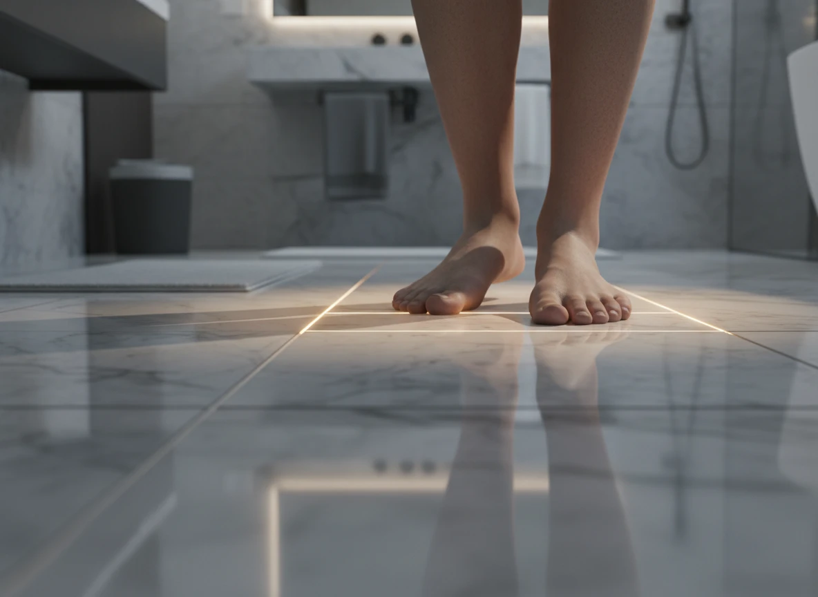 Bare feet standing on warm tile tiles, showcasing efficient underfloor heating in a luxury bathroom.