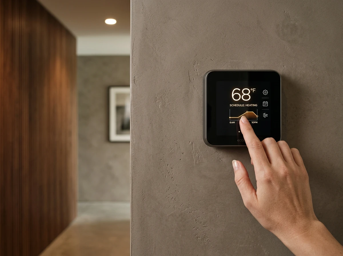 A hand adjusting a smart thermostat to control electric radiant floor heating systems efficiently.