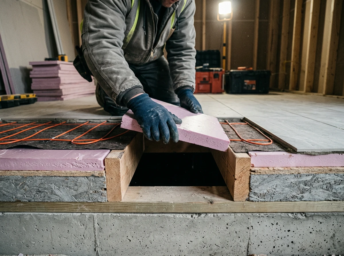 A worker installing efficient underfloor heating and insulation to reduce electric floor heating cost.
