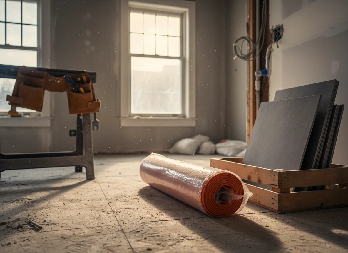 An orange floor heating mat roll on a subfloor next to stacked tiles for a bathroom.