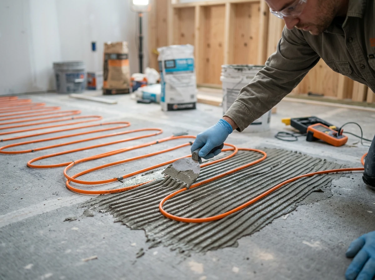 A worker using a trowel to apply mortar over an electric underfloor heating system during a bathroom remodel.