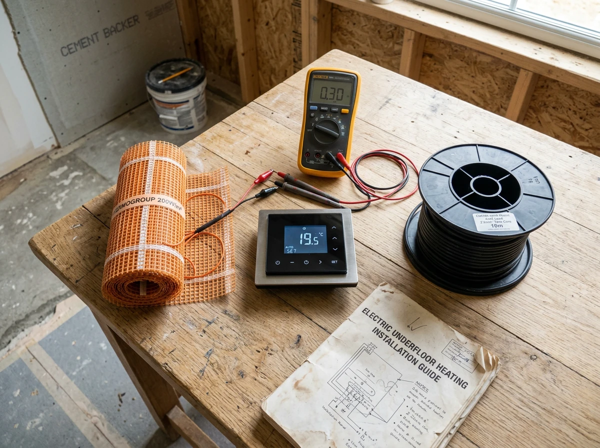 Components for radiant floor heating systems including a floor heating mat, thermostat, and multimeter on a wooden table.
