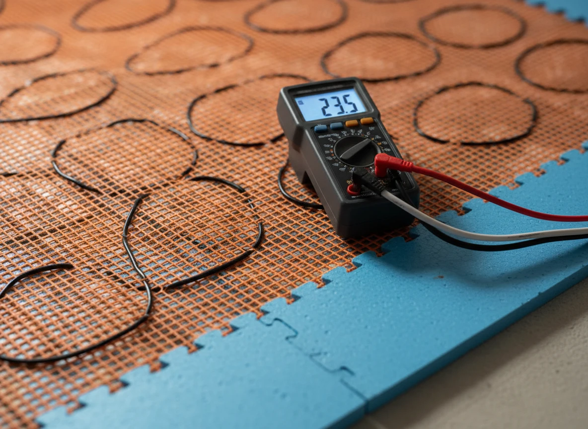 A digital multimeter testing an electric underfloor heating system before installing floor heating.