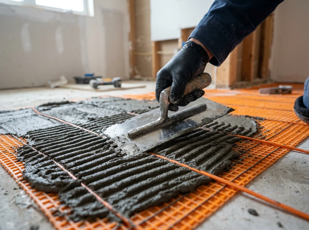 A gloved hand uses a trowel to apply thinset mortar over a bathroom floor heating mat.