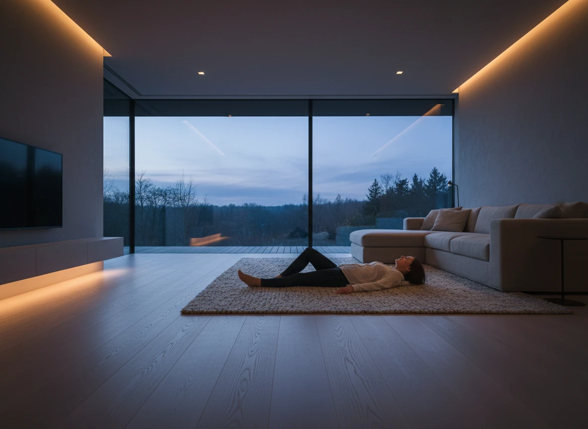 A person relaxes comfortably on a rug over warm floors powered by advanced radiant floor heating systems.