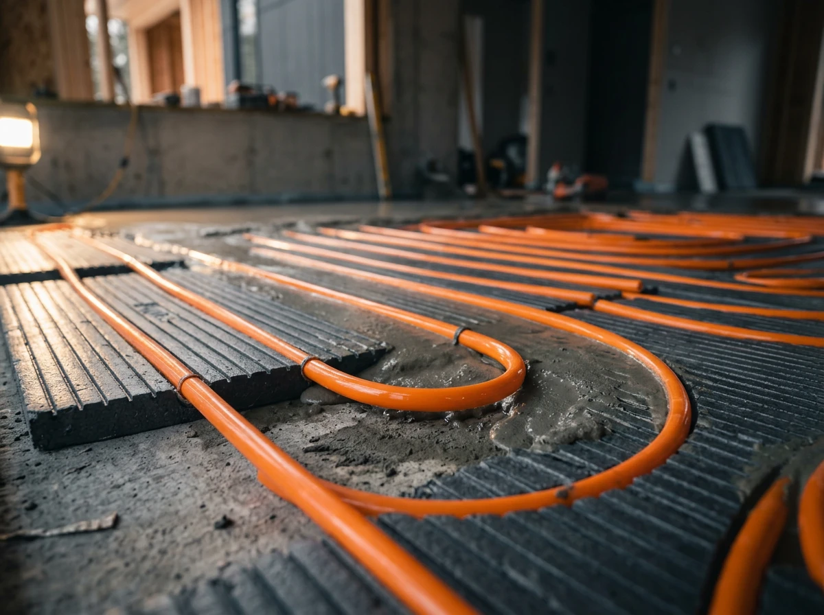 Orange pipes of hydronic radiant floor heating systems being installed across grooves in a subfloor for whole house heating.