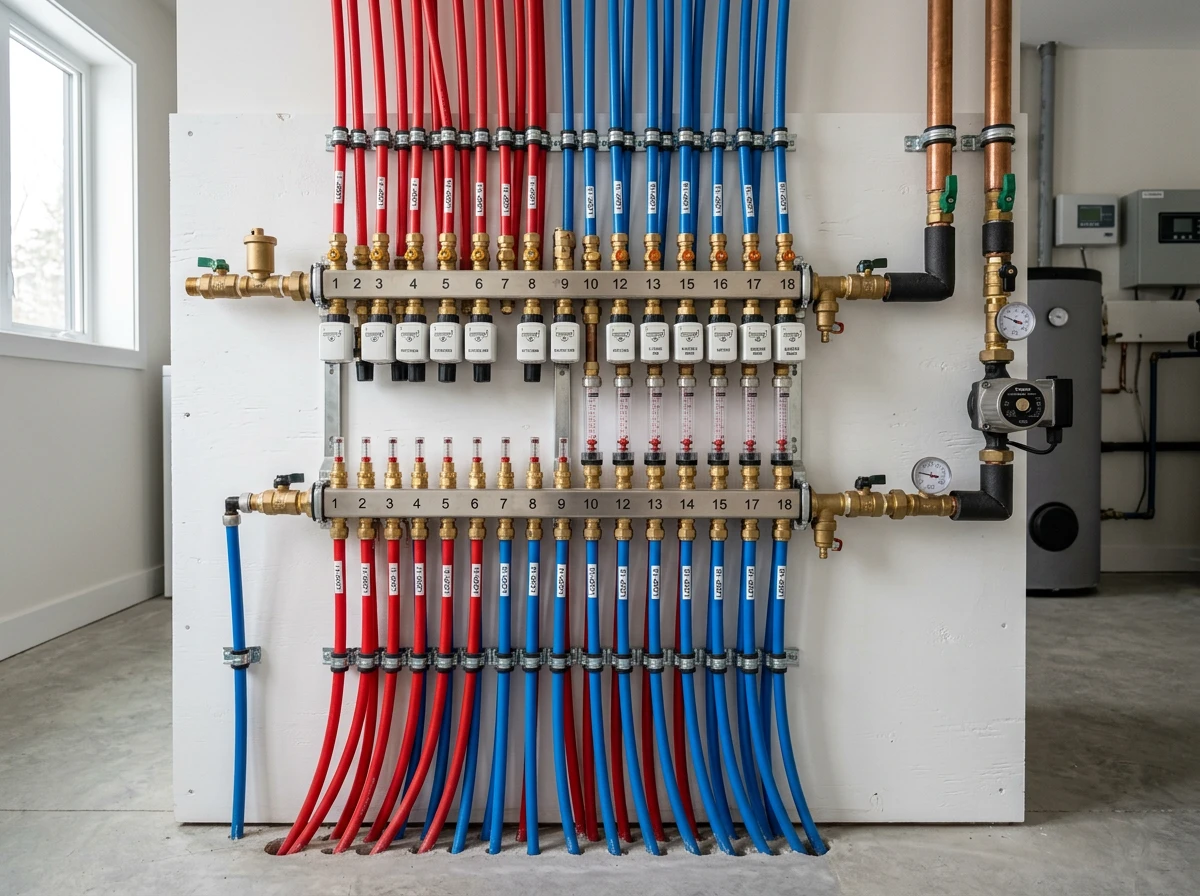 Manifold with red and blue pipes installed for water based underfloor heating systems, ensuring efficient home heating.