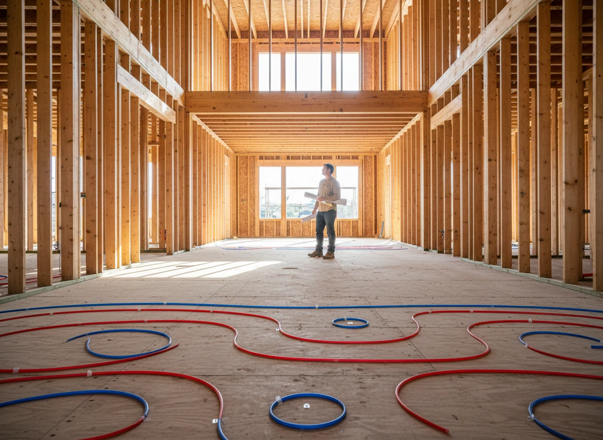 Builder standing in a framed home interior with hydronic radiant floor heating pipes installed.
