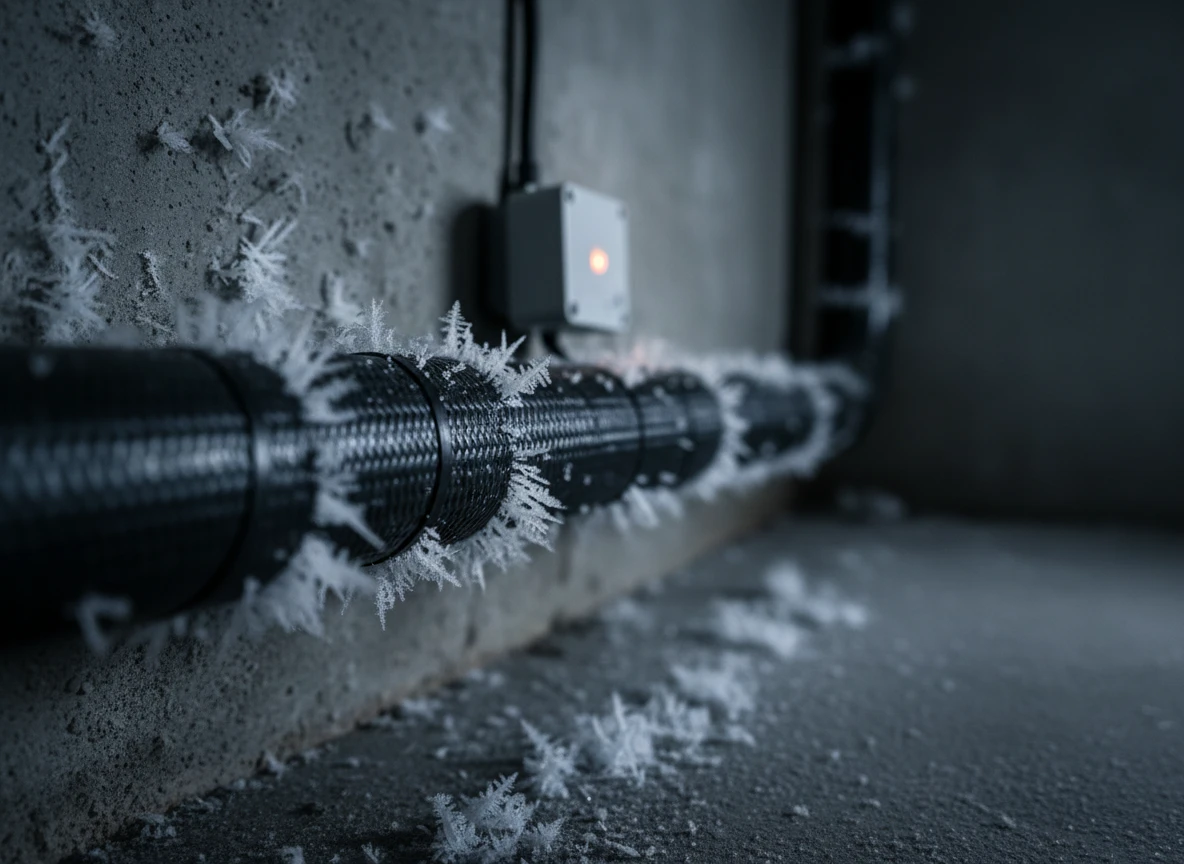 Frost crystals covering a pipe protected by self regulating heat trace and self regulating heat tape.