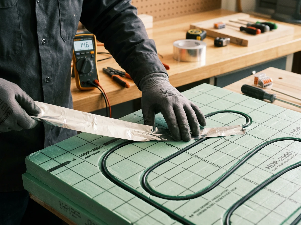 A technician sets up an underfloor heating system by securing self regulating heating cables onto insulation boards.