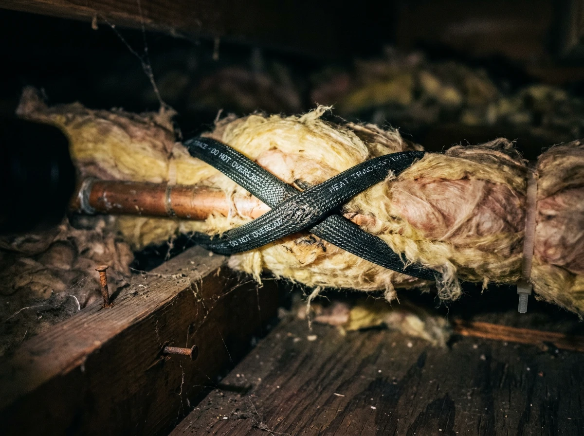 An incorrectly wrapped pipe shows self regulating heat trace crossed over itself inside a dark attic space.