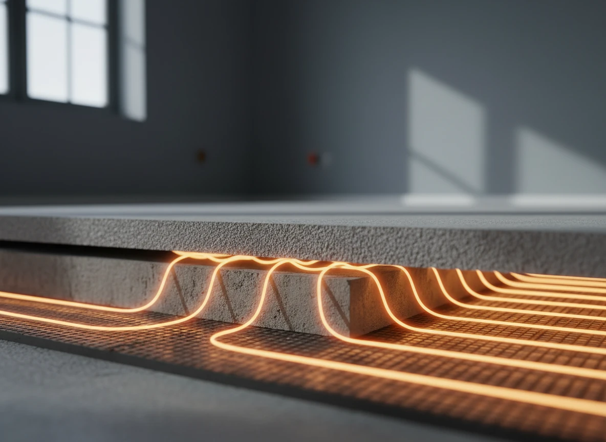 A close-up view of glowing heating cables inside an electric underfloor heating system setup.
